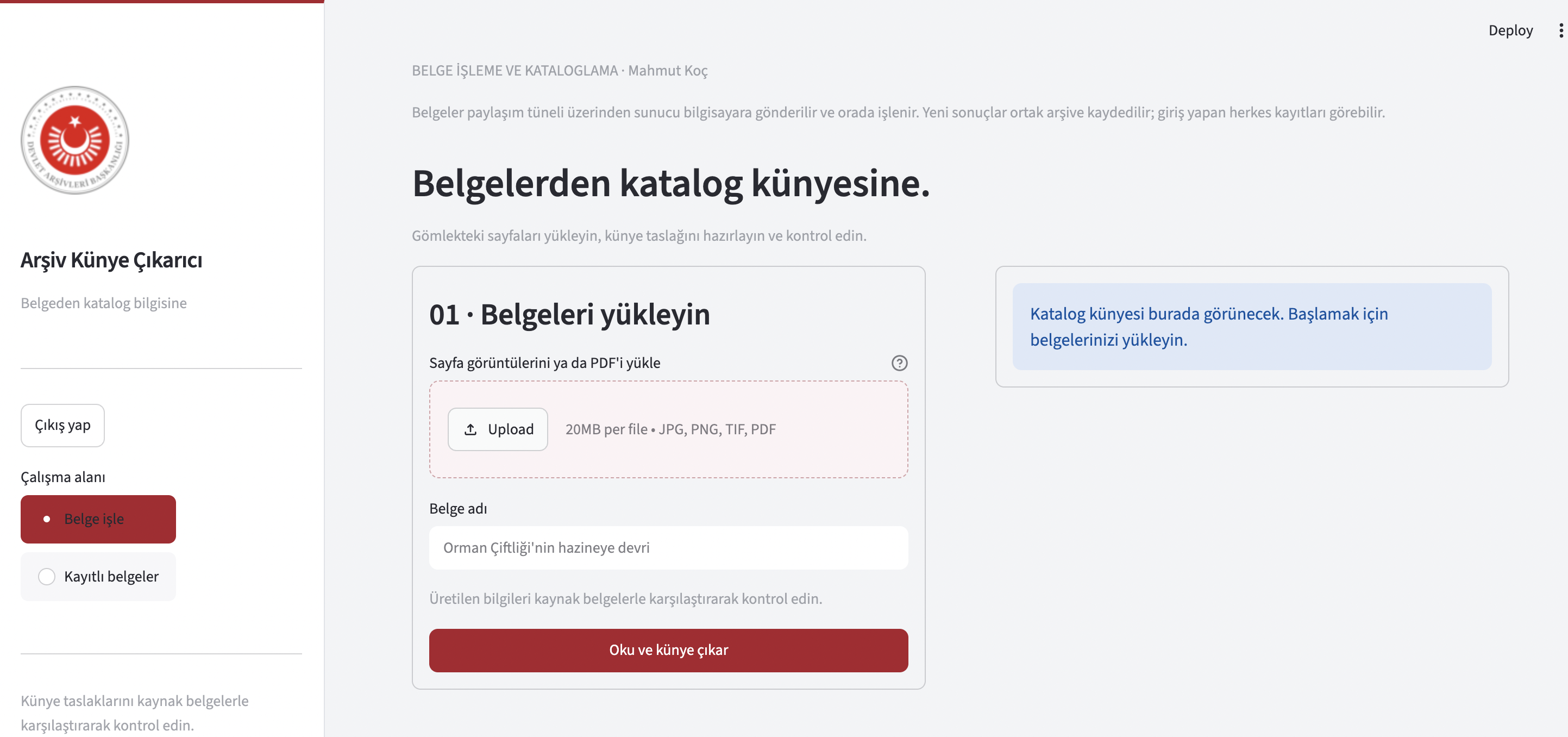 Güncel Arşiv Künye Çıkarıcı: sol menü ve belge yükleme alanı