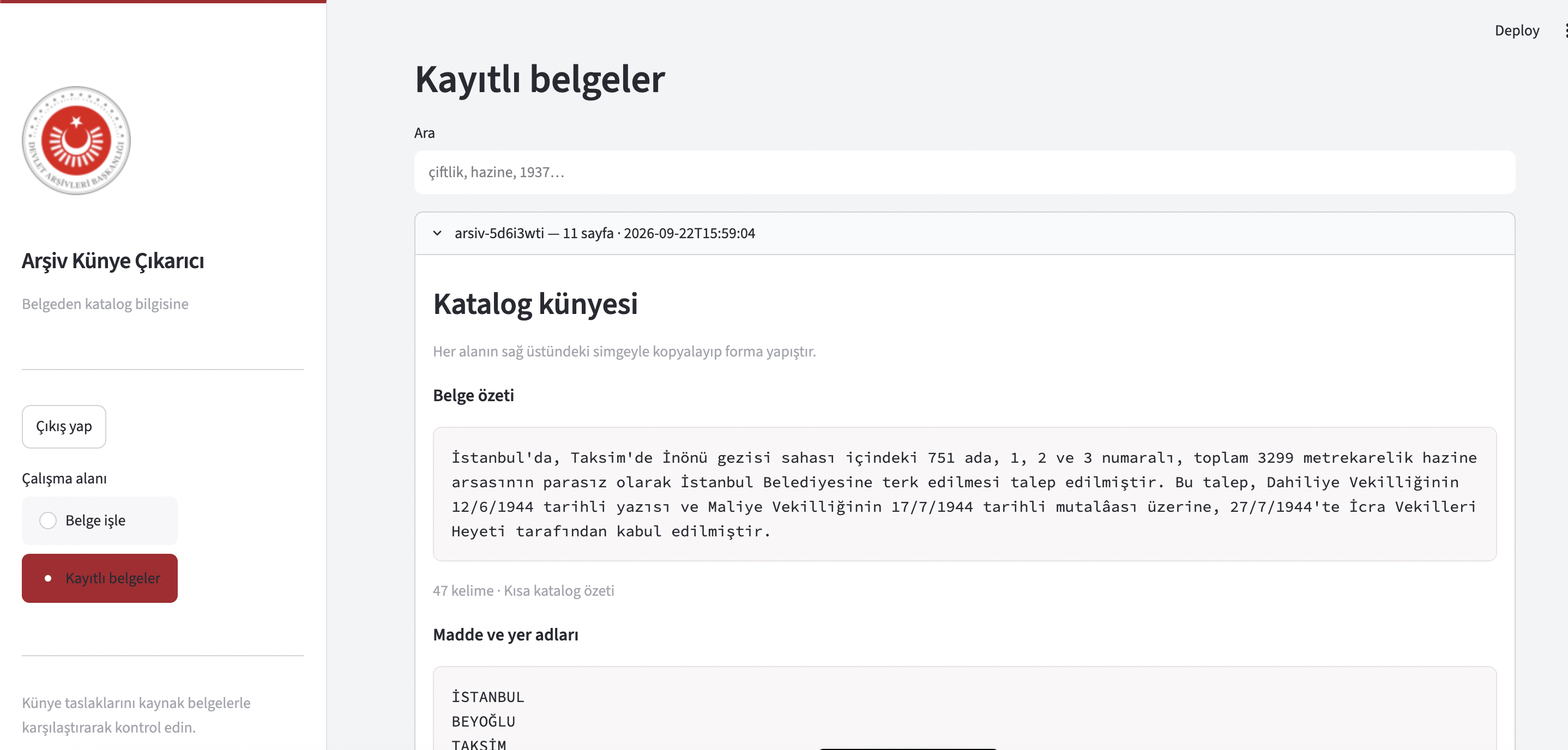 Kayıtlı belgenin kısa özeti ve madde ve yer adlarını gösteren güncel künye sonuç ekranı